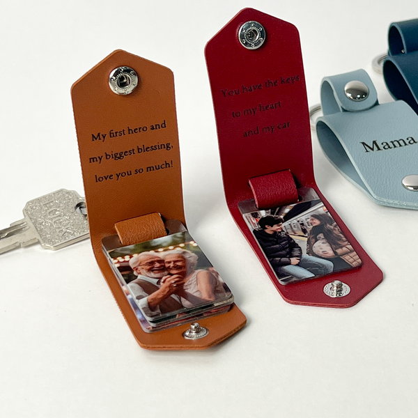 Personalized Mens Leather Keychain with Photo,Metal Tag Photo Keychain,Engraved key chain,Valentines Gifts for Him,Anniversary Gifts for Him