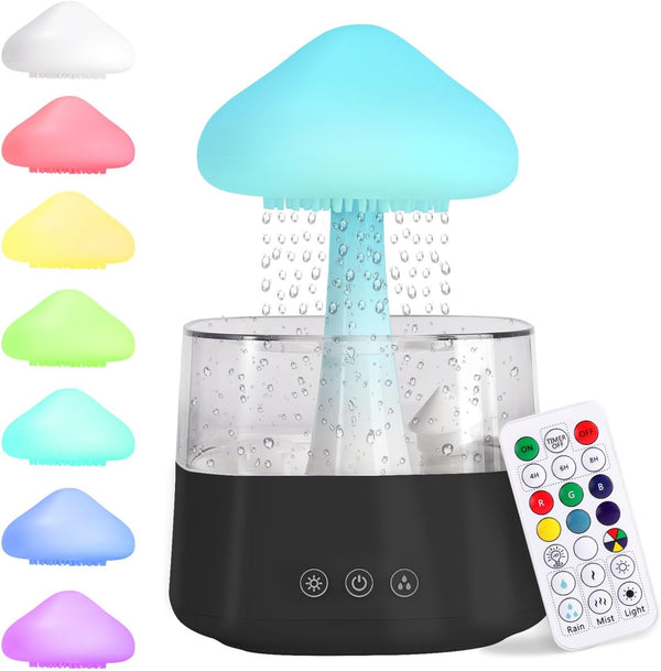 MIFXIN Cloud Rain Humidifier with 7 Colors LED Light, Aromatherapy Essential Oil Diffusers Micro Humidifier with Remote Control, Desk Fountain Bedside Sleeping Relaxing Mood Water Drop Sound (Black)