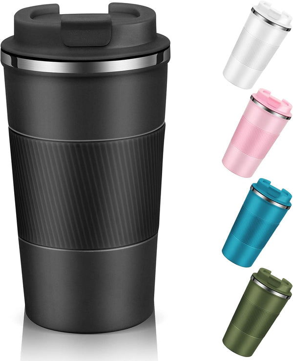 Travel Mug with Leakproof Lid,Insulated Reusable Coffee Mug for Hot&Cold Drinks/Tea,Portable Stainless Steel Thermal Takeaway Travel Coffee Cup for Car/Outdoor/Picnic/ Office/School (510ml Black)