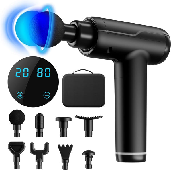 Massage Gun, Portable Muscle Massage Device with 8 Massage Heads, 2023 Deep Tissue Massager 20 Speeds with LCD Touch Screen, Featuring Quiet Glide Technology, Powerful Cordless Percussion