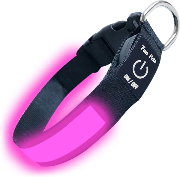 Fun Pets LED Dog Collar in Pink - USB Rechargeable Pet Safety Collar - Great Visibility & Improved Safety (20cm - 30cm / 7.87" - 11.8")