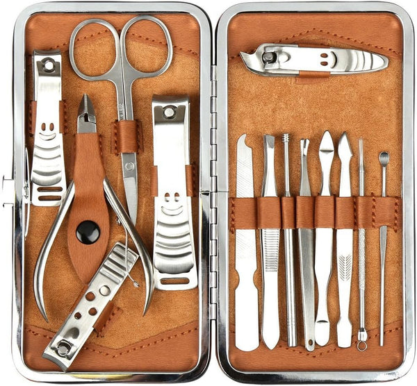 H&S Manicure Set - Pedicure and Manicure Kit for Women & Men - 14 pcs - Stainless Steel Nail Clippers & Cuticle Remover - Cutter Trimming Grooming Tools - w/Leather Case