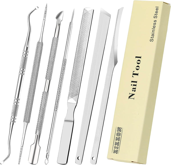 ZIZZON 7 Pcs Ingrown Toenail File and Lifters Set, Stainless Steel Ingrown Toenail Removal Kit, Manicure Treatment Under Nail Cleaner Pedicure Tools, Silvery