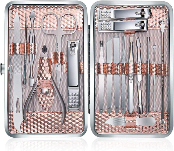 Keiby Citom Manicure Set 18pcs Professional Nail Clippers Kit Pedicure Care Tools-Stainless Steel Grooming Tools With Rose Gold PU Leather Case for Travel & Home (Rose Gold)